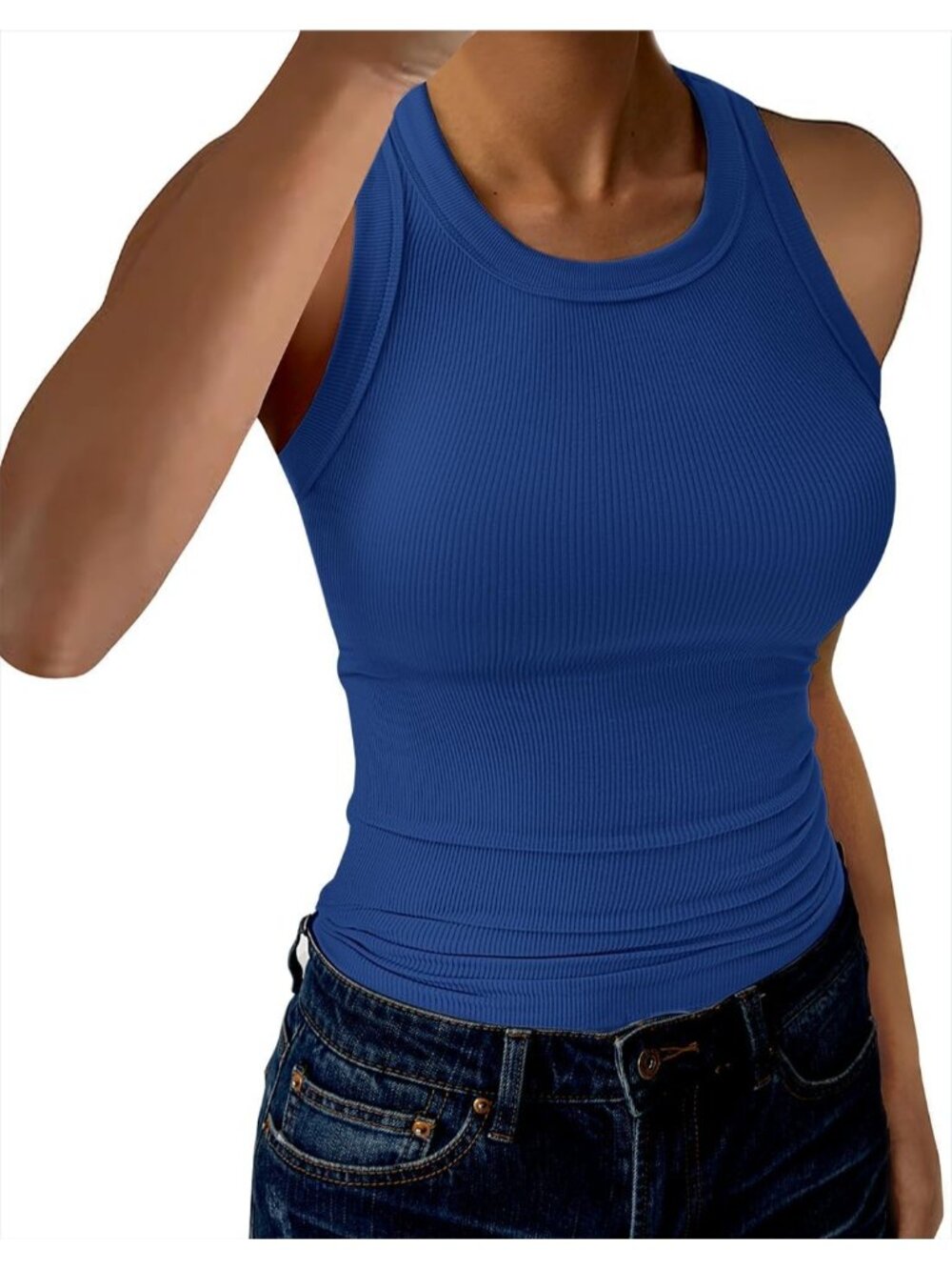 Women's Solid Royal Blue Tank Tops High Neck Sleeveless Strap Slim Fitted Shirts